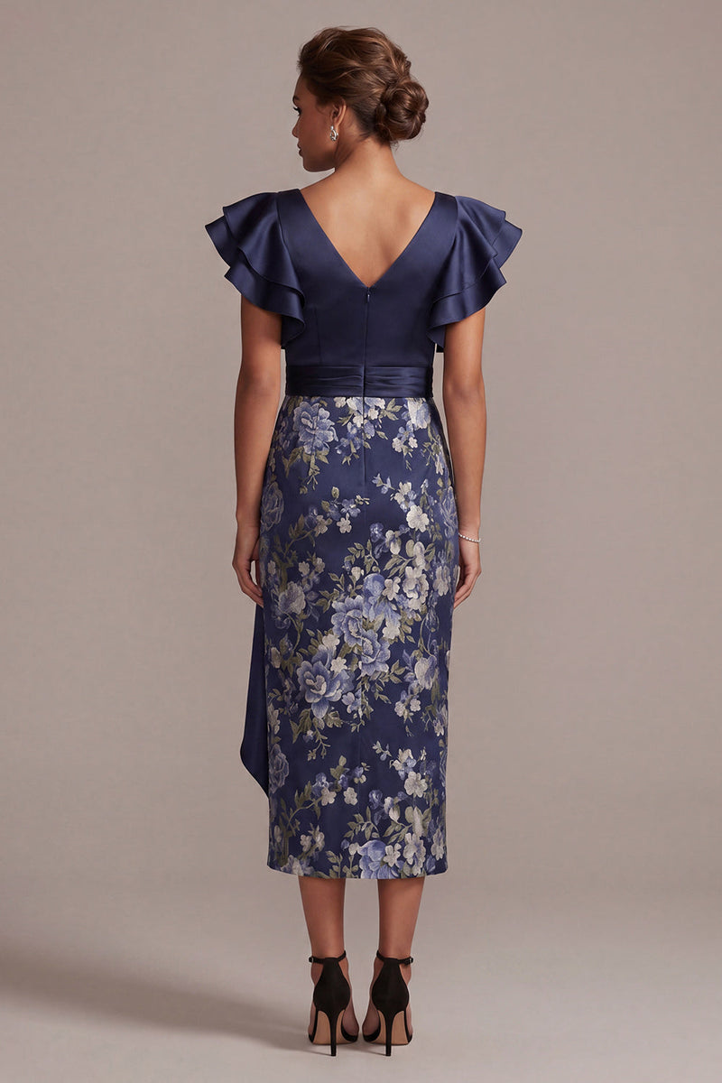 Load image into Gallery viewer, Ruffled Sheath V-Neck Floral Navy Long Mother of the Bride Dress with Slit
