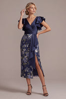 Load image into Gallery viewer, Ruffled Sheath V-Neck Floral Navy Long Mother of the Bride Dress with Slit