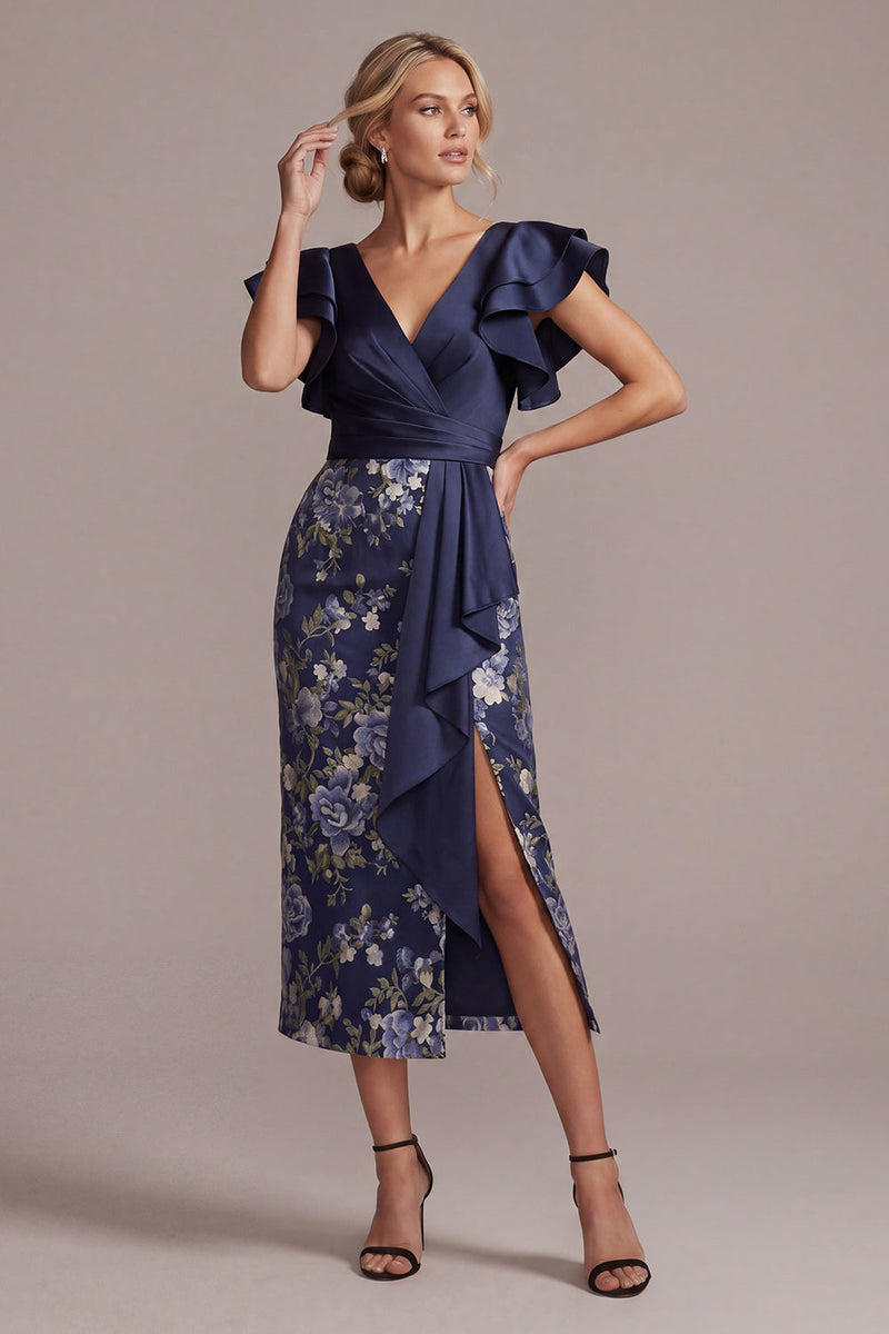 Load image into Gallery viewer, Ruffled Sheath V-Neck Floral Navy Long Mother of the Bride Dress with Slit