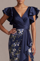 Load image into Gallery viewer, Ruffled Sheath V-Neck Floral Navy Long Mother of the Bride Dress with Slit