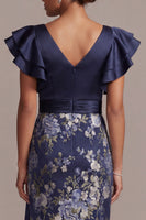 Load image into Gallery viewer, Ruffled Sheath V-Neck Floral Navy Long Mother of the Bride Dress with Slit