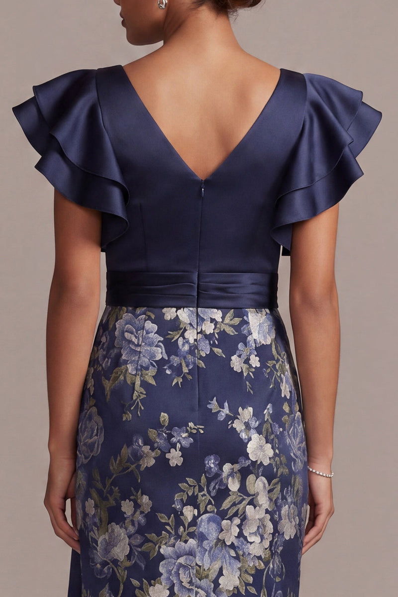 Load image into Gallery viewer, Ruffled Sheath V-Neck Floral Navy Long Mother of the Bride Dress with Slit