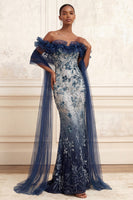 Load image into Gallery viewer, Sparkly Mermaid Navy Long Floral Off the Shoulder Beaded Prom Dress with Ruffles