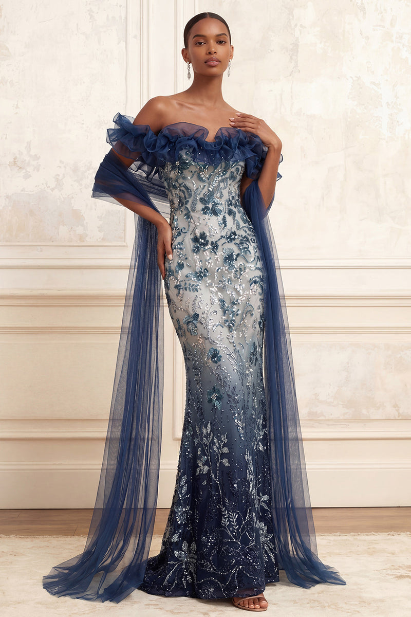 Load image into Gallery viewer, Sparkly Mermaid Navy Long Floral Off the Shoulder Beaded Prom Dress with Ruffles