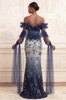 Load image into Gallery viewer, Sparkly Mermaid Navy Long Floral Off the Shoulder Beaded Prom Dress with Ruffles
