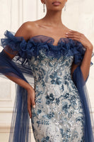 Load image into Gallery viewer, Sparkly Mermaid Navy Long Floral Off the Shoulder Beaded Prom Dress with Ruffles