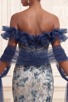 Load image into Gallery viewer, Sparkly Mermaid Navy Long Floral Off the Shoulder Beaded Prom Dress with Ruffles