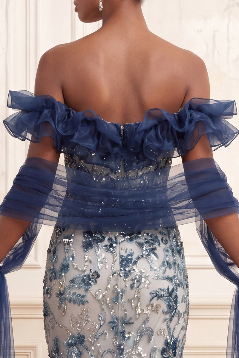 Load image into Gallery viewer, Sparkly Mermaid Navy Long Floral Off the Shoulder Beaded Prom Dress with Ruffles