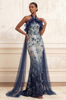 Load image into Gallery viewer, Ruffled Halter Sparkly Mermaid Navy Floral Long Beaded Prom Dress with Cape