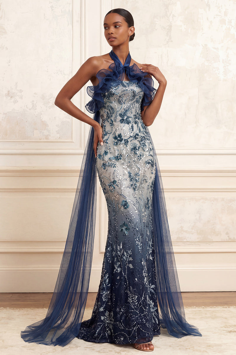 Load image into Gallery viewer, Ruffled Halter Sparkly Mermaid Navy Floral Long Beaded Prom Dress with Cape