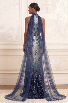 Ruffled Halter Sparkly Mermaid Navy Floral Long Beaded Prom Dress with Cape