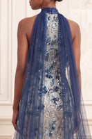 Load image into Gallery viewer, Ruffled Halter Sparkly Mermaid Navy Floral Long Beaded Prom Dress with Cape