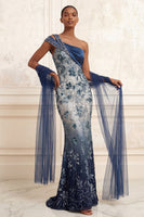 Load image into Gallery viewer, Mermaid One Shoulder Ruched Sparkly Navy Floral Long Beaded Prom Dress