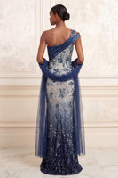 Load image into Gallery viewer, Mermaid One Shoulder Ruched Sparkly Navy Floral Long Beaded Prom Dress