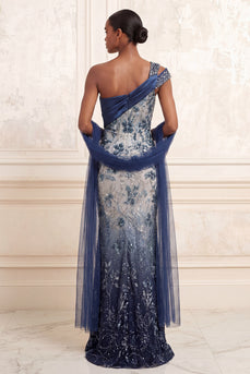 Mermaid One Shoulder Ruched Sparkly Navy Floral Long Beaded Prom Dress