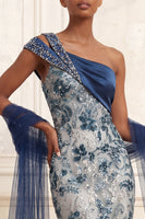 Load image into Gallery viewer, Mermaid One Shoulder Ruched Sparkly Navy Floral Long Beaded Prom Dress