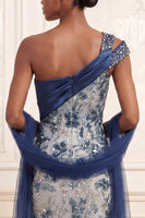 Load image into Gallery viewer, Mermaid One Shoulder Ruched Sparkly Navy Floral Long Beaded Prom Dress