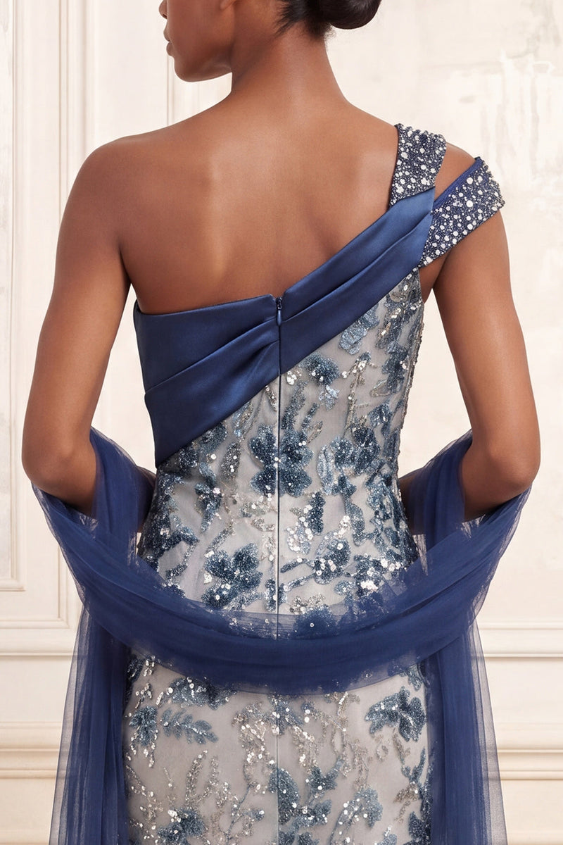 Load image into Gallery viewer, Mermaid One Shoulder Ruched Sparkly Navy Floral Long Beaded Prom Dress