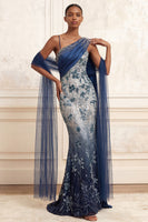 Load image into Gallery viewer, Sparkly Ruched Mermaid One Shoulder Navy Floral Long Beaded Prom Dress