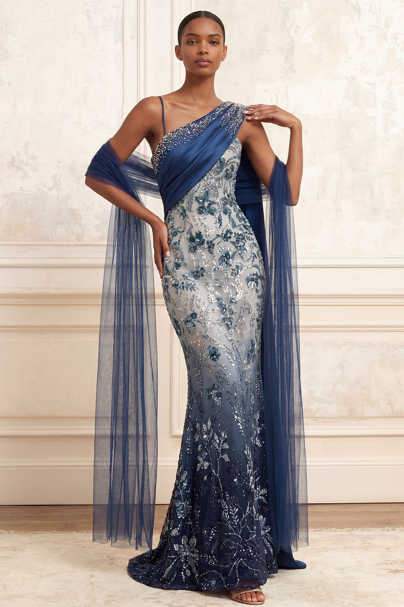 Load image into Gallery viewer, Sparkly Ruched Mermaid One Shoulder Navy Floral Long Beaded Prom Dress