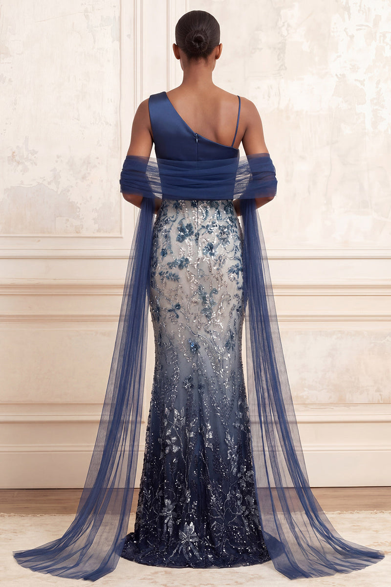 Load image into Gallery viewer, Sparkly Ruched Mermaid One Shoulder Navy Floral Long Beaded Prom Dress