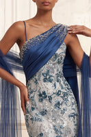 Load image into Gallery viewer, Sparkly Ruched Mermaid One Shoulder Navy Floral Long Beaded Prom Dress