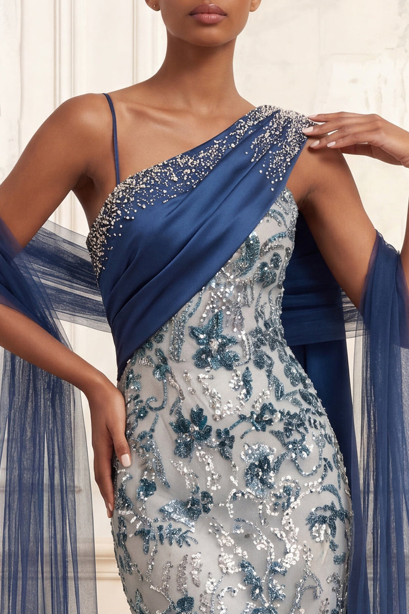Load image into Gallery viewer, Sparkly Ruched Mermaid One Shoulder Navy Floral Long Beaded Prom Dress