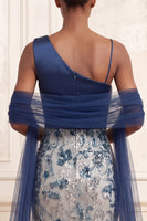 Load image into Gallery viewer, Sparkly Ruched Mermaid One Shoulder Navy Floral Long Beaded Prom Dress