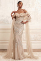 Load image into Gallery viewer, Sparkly Mermaid Apricot Ruffled Long Beaded Prom Dress with Shawl