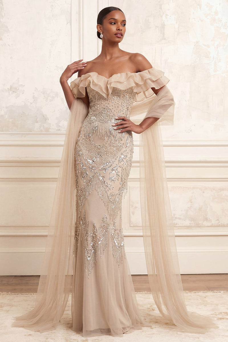 Load image into Gallery viewer, Sparkly Mermaid Apricot Ruffled Long Beaded Prom Dress with Shawl