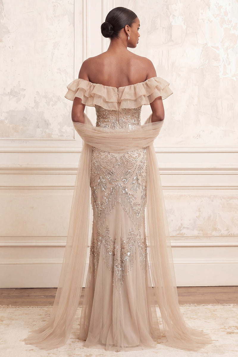 Load image into Gallery viewer, Sparkly Mermaid Apricot Ruffled Long Beaded Prom Dress with Shawl