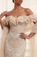 Load image into Gallery viewer, Sparkly Mermaid Apricot Ruffled Long Beaded Prom Dress with Shawl