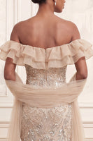 Load image into Gallery viewer, Sparkly Mermaid Apricot Ruffled Long Beaded Prom Dress with Shawl