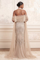 Load image into Gallery viewer, Halter Sparkly Apricot Ruffled Long Mermaid Beaded Prom Dress with Shawl