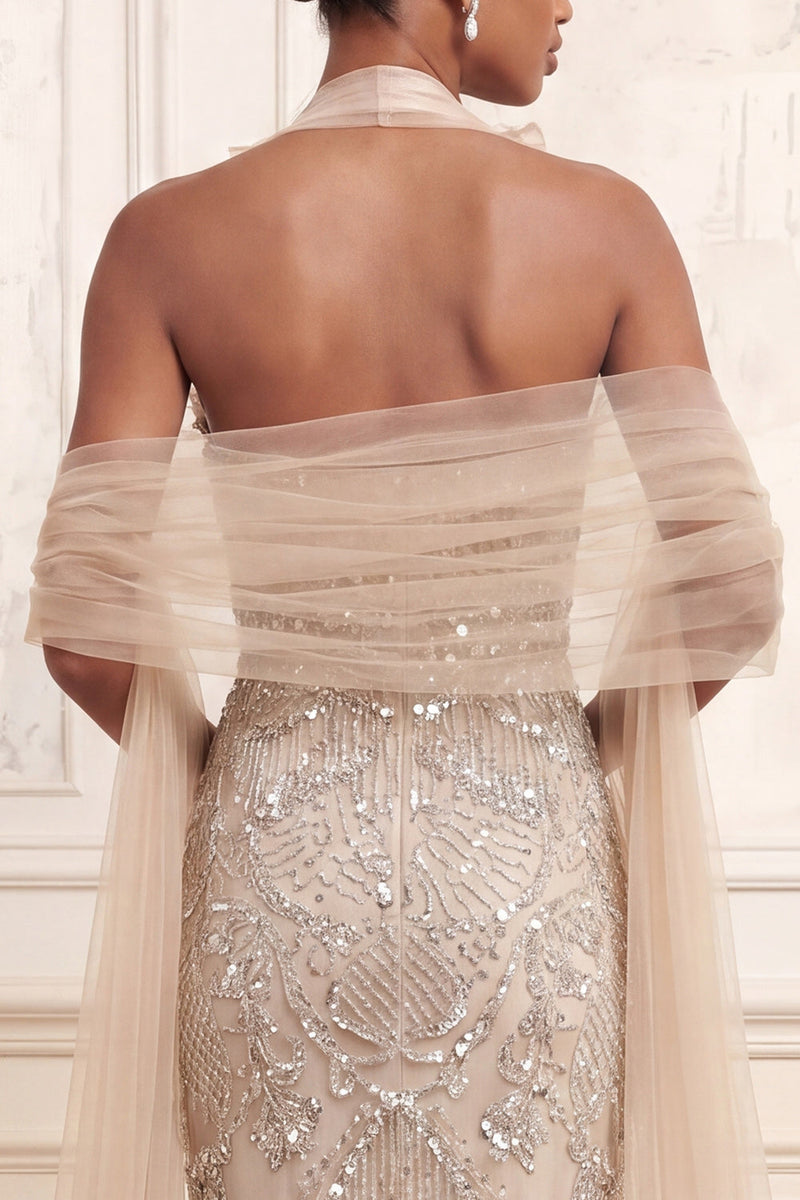 Load image into Gallery viewer, Halter Sparkly Apricot Ruffled Long Mermaid Beaded Prom Dress with Shawl