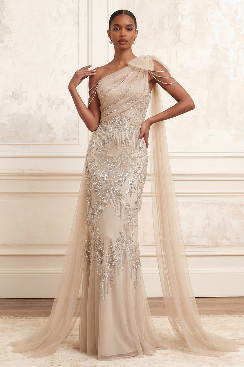 Load image into Gallery viewer, One Shoulder Sparkly Mermaid Apricot Long Beaded Prom Dress with Cape