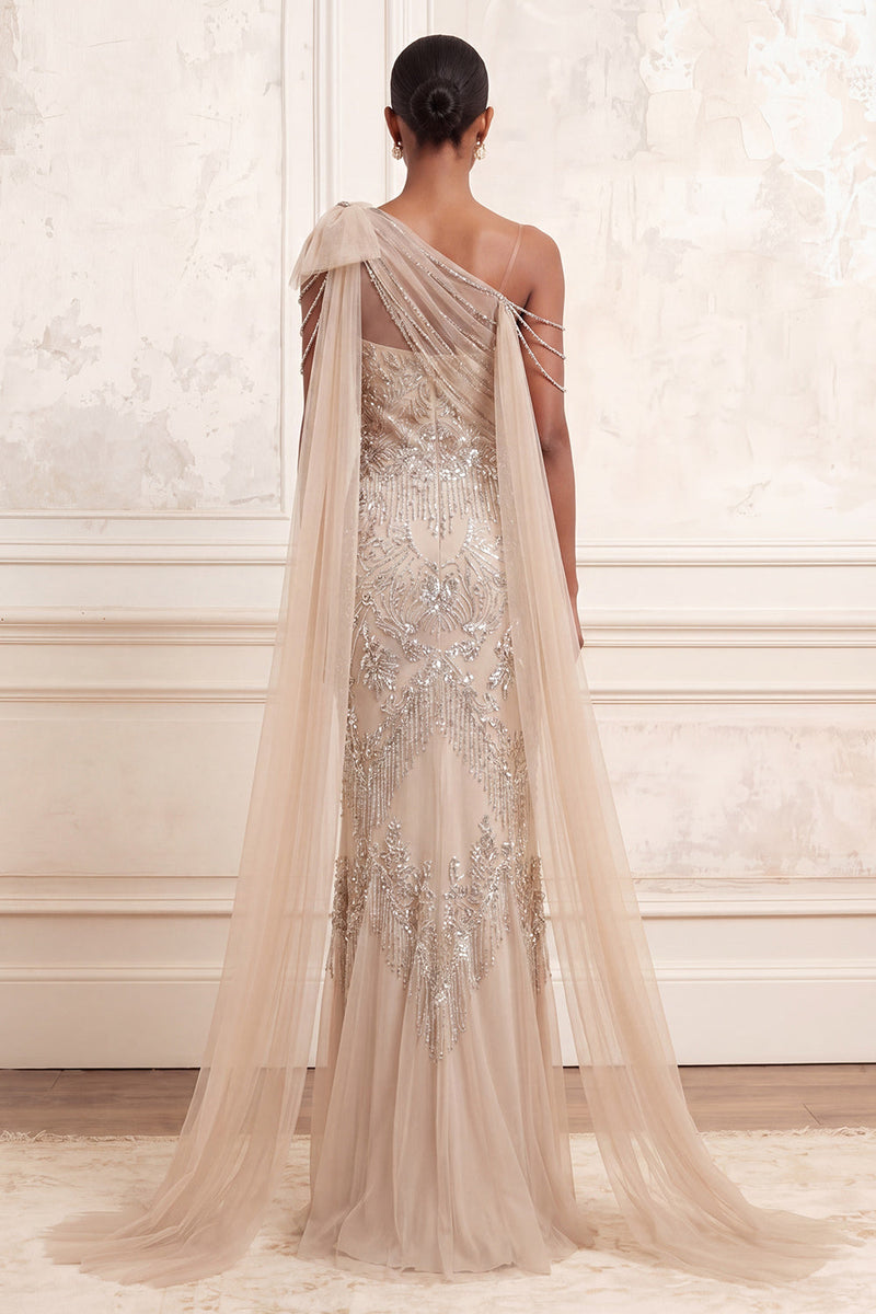 Load image into Gallery viewer, One Shoulder Sparkly Mermaid Apricot Long Beaded Prom Dress with Cape
