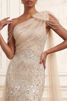 Load image into Gallery viewer, One Shoulder Sparkly Mermaid Apricot Long Beaded Prom Dress with Cape