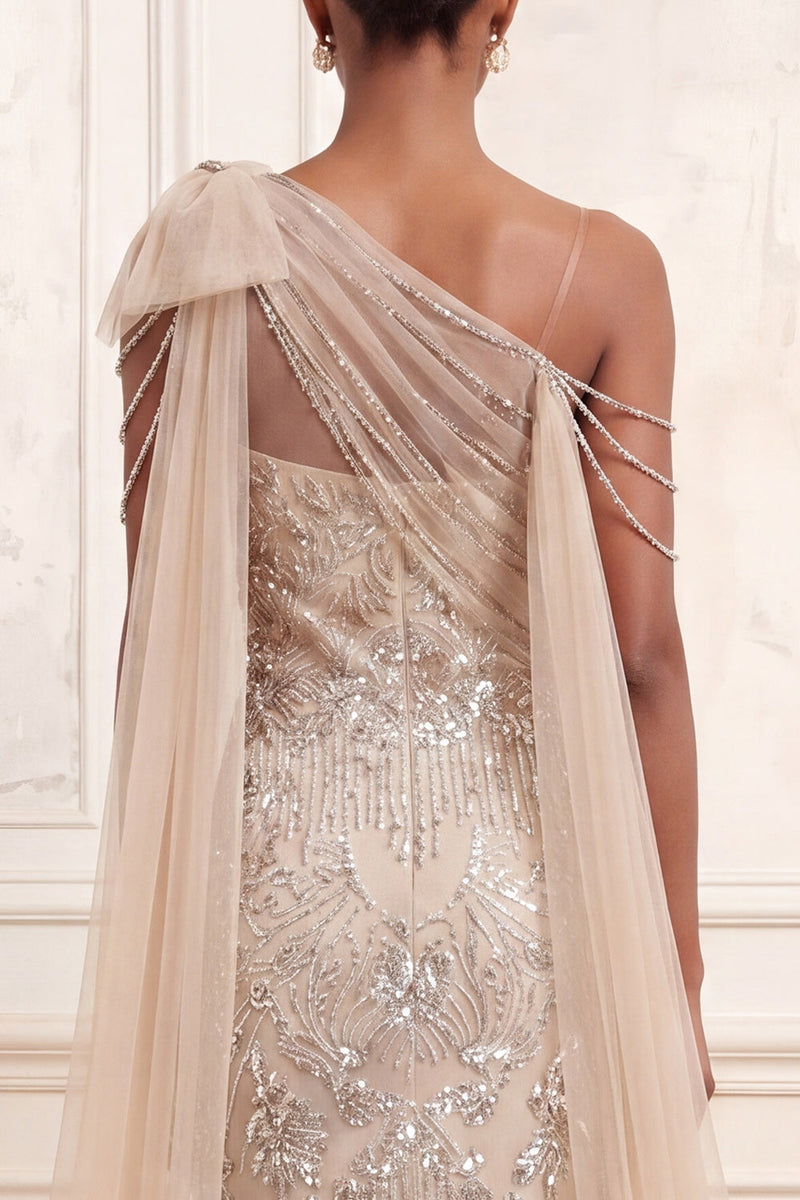 Load image into Gallery viewer, One Shoulder Sparkly Mermaid Apricot Long Beaded Prom Dress with Cape