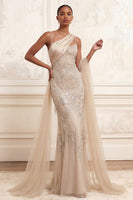 Load image into Gallery viewer, Sparkly Apricot Spaghetti Straps Mermaid Long Beaded Prom Dress