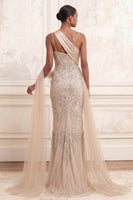 Load image into Gallery viewer, Sparkly Apricot Spaghetti Straps Mermaid Long Beaded Prom Dress