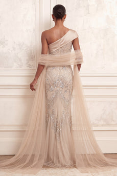 Sparkly Apricot Long Mermaid Beaded One Shoulder Prom Dress with Rhinestones