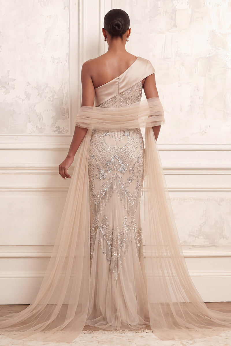 Load image into Gallery viewer, Sparkly Apricot Long Mermaid Beaded One Shoulder Prom Dress with Rhinestones