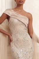 Load image into Gallery viewer, Sparkly Apricot Long Mermaid Beaded One Shoulder Prom Dress with Rhinestones