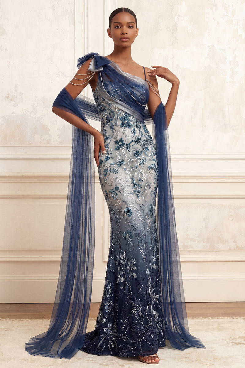 Load image into Gallery viewer, Sparkly Navy Floral Mermaid Ruched Long Beaded Prom Dress with Bow
