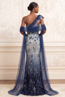 Load image into Gallery viewer, Sparkly Navy Floral Mermaid Ruched Long Beaded Prom Dress with Bow