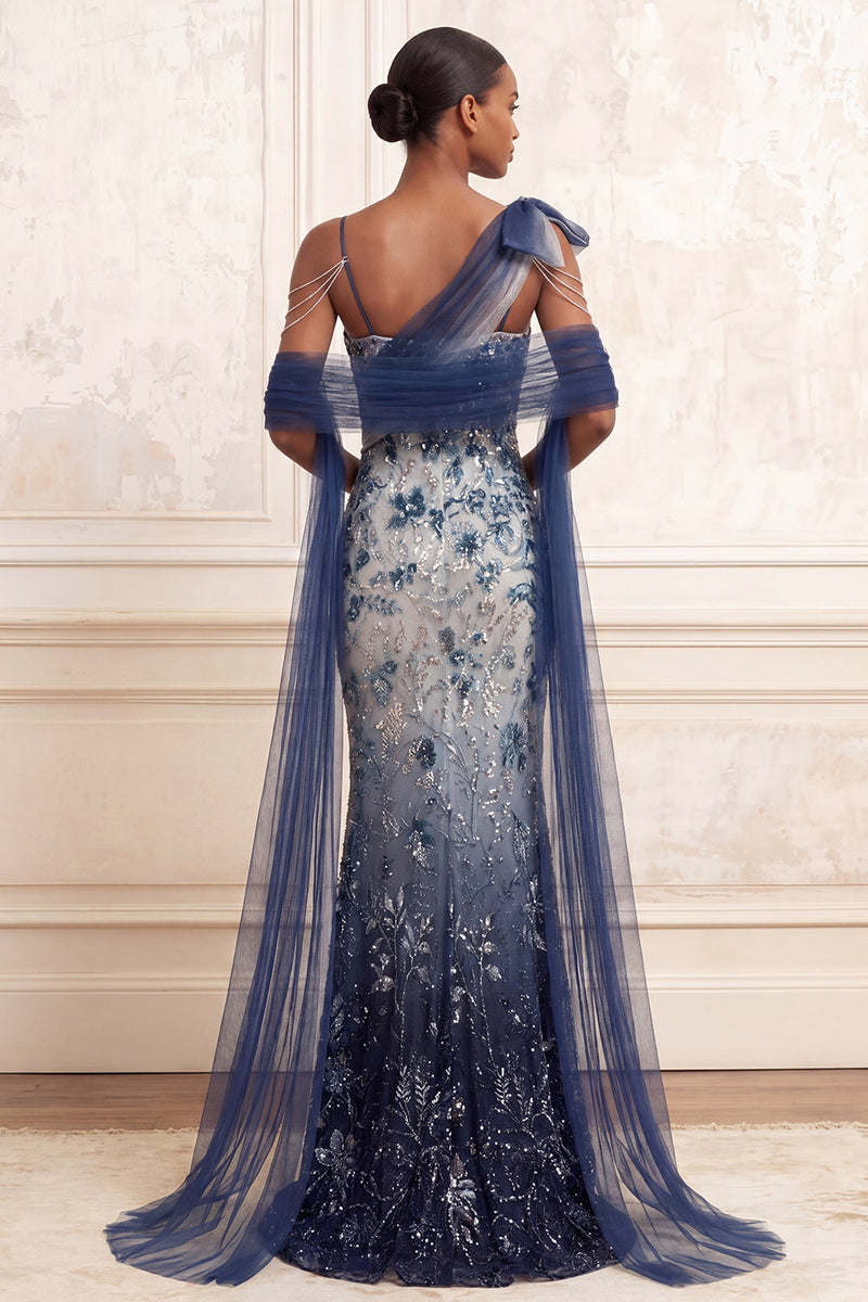 Load image into Gallery viewer, Sparkly Navy Floral Mermaid Ruched Long Beaded Prom Dress with Bow