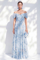 Load image into Gallery viewer, Floral Blue A Line Long Off The Shoulder Ruffled Mother of the Bride Dress with Sleeves