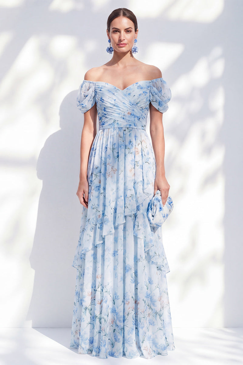 Load image into Gallery viewer, Floral Blue A Line Long Off The Shoulder Ruffled Mother of the Bride Dress with Sleeves
