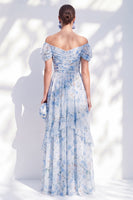Load image into Gallery viewer, Floral Blue A Line Long Off The Shoulder Ruffled Mother of the Bride Dress with Sleeves